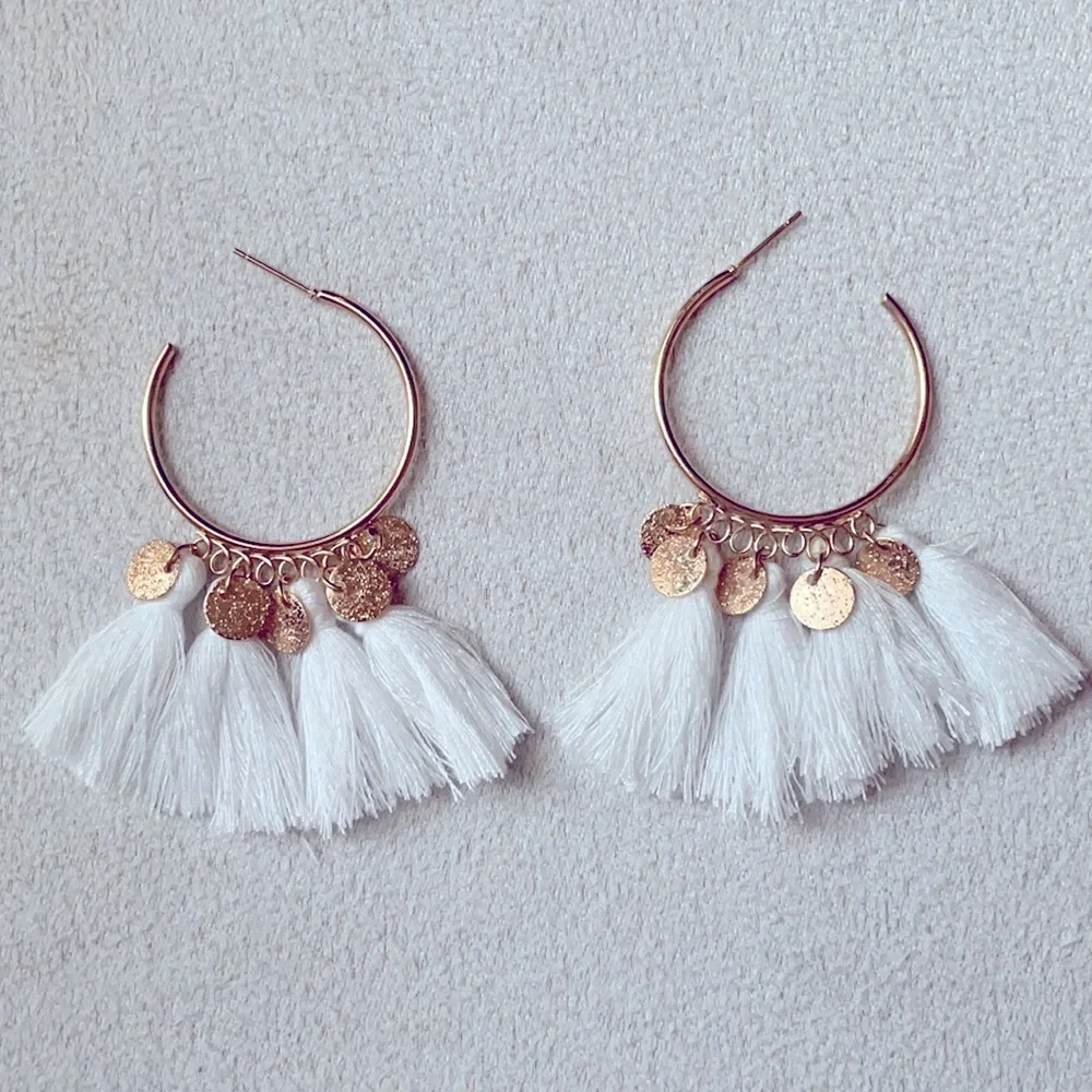 Gold hoop white fan tassel earrings